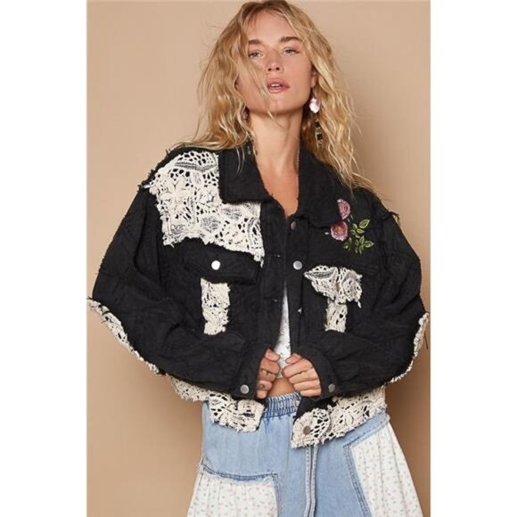 POL Crochet Patch Embroidered Button Up Jacket